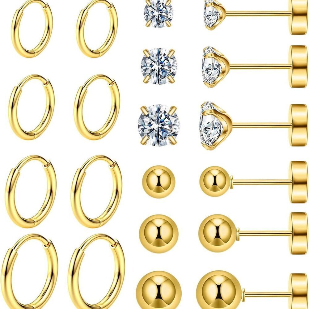 10-Pairs Small Hypoallergenic Surgical Steel Hoop and CZ Stud Earrings Set for S